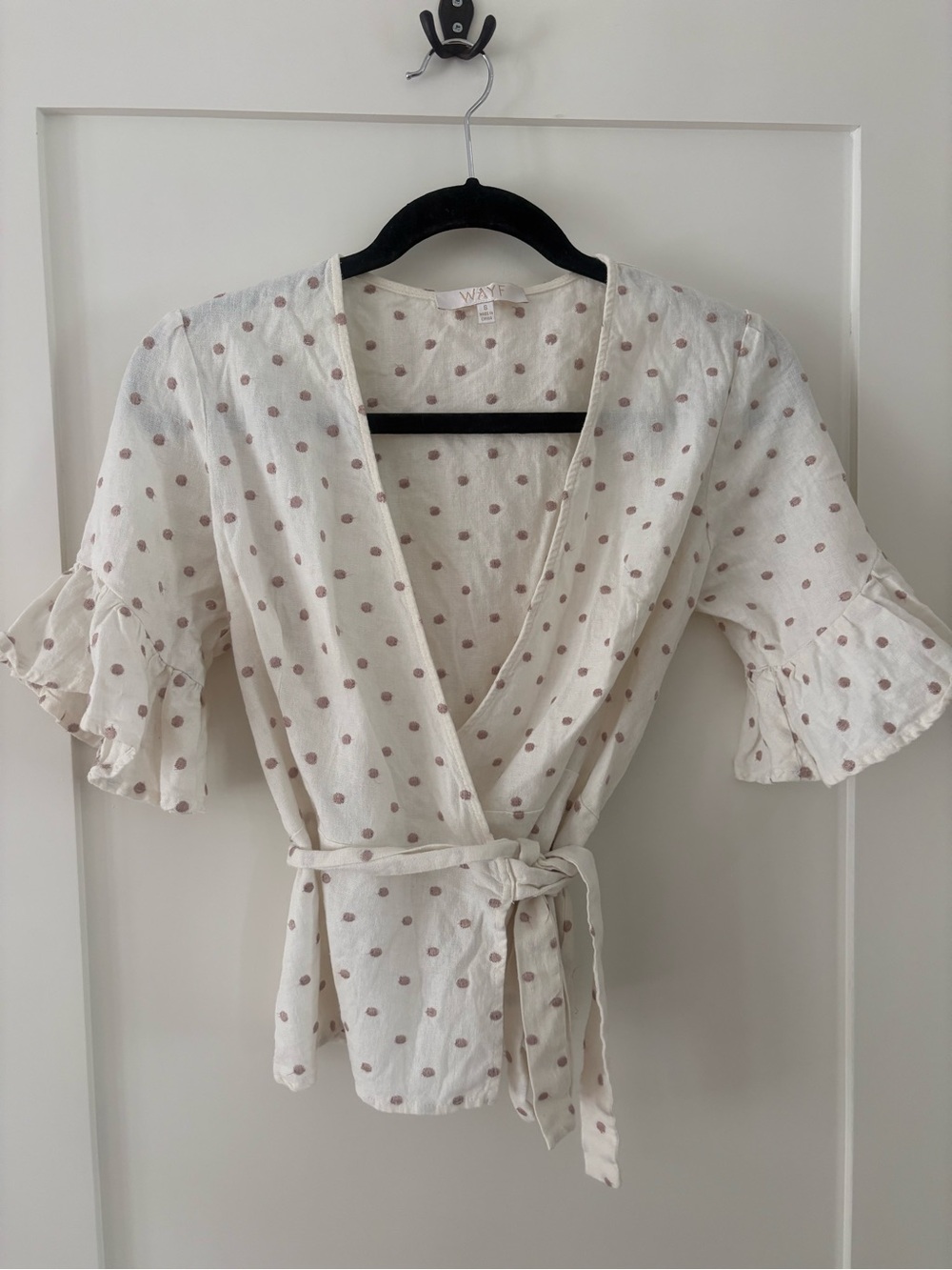 WAYF Ivory cream Linen Blend Embroidered Polka Dot Kaitlyn Wrap Blouse small